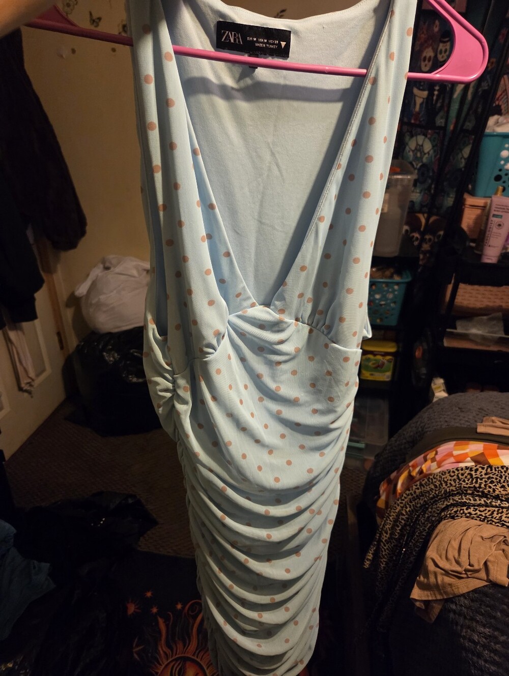 Zara Light Blue One-Shoulder Polka Dot Ruched Dress